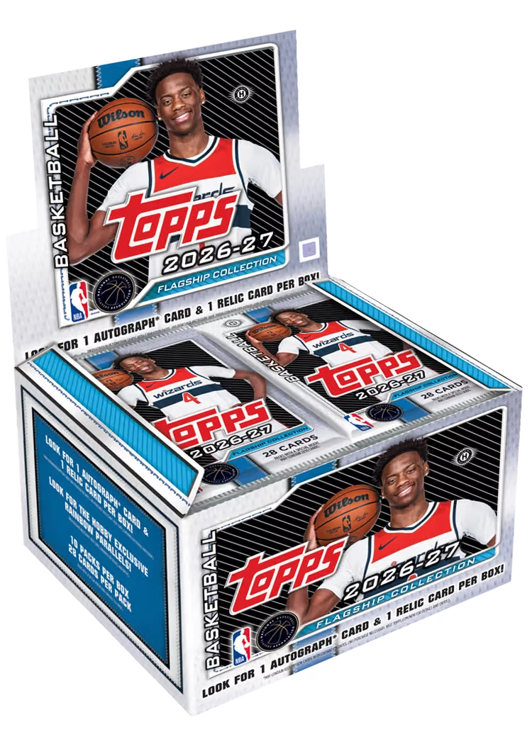 2026/27 Topps Flagship Basketball Jumbo Box – breites geöffnetes Display mit Basketballspieler und grossen Packs