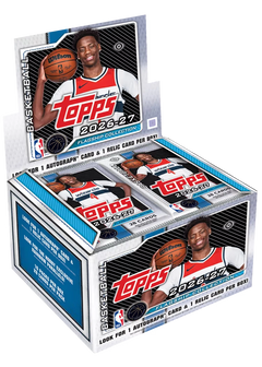 2026/27 Topps Flagship Basketball Jumbo Box – breites geöffnetes Display mit Basketballspieler und grossen Packs