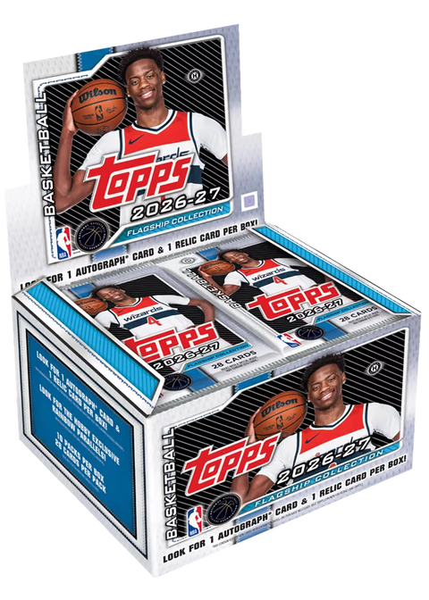 2026/27 Topps Flagship Basketball Jumbo Box – breites geöffnetes Display mit Basketballspieler und grossen Packs