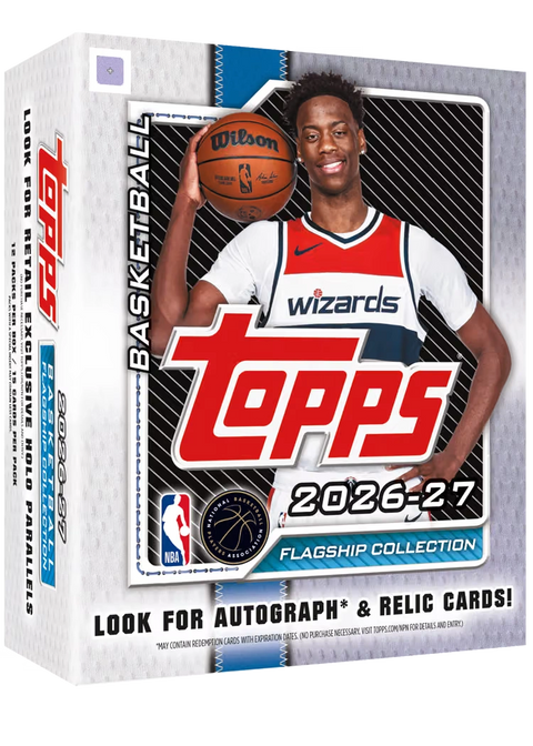 2026/27 Topps Flagship Basketball Mega Box – weiss-blaue Verpackung mit Basketballspieler im Wizards-Trikot