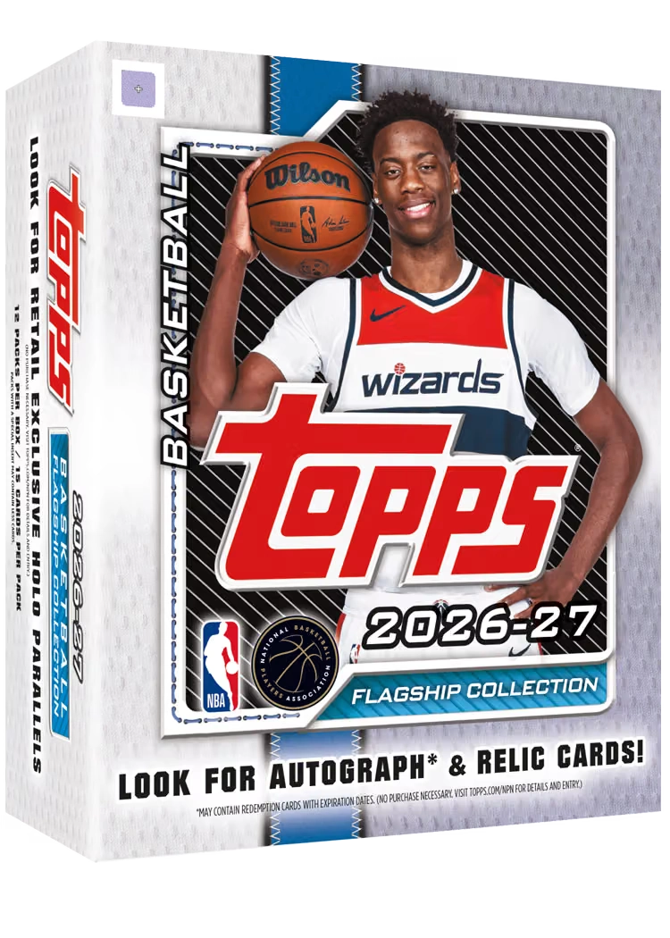 2026/27 Topps Flagship Basketball Mega Box – weiss-blaue Verpackung mit Basketballspieler im Wizards-Trikot