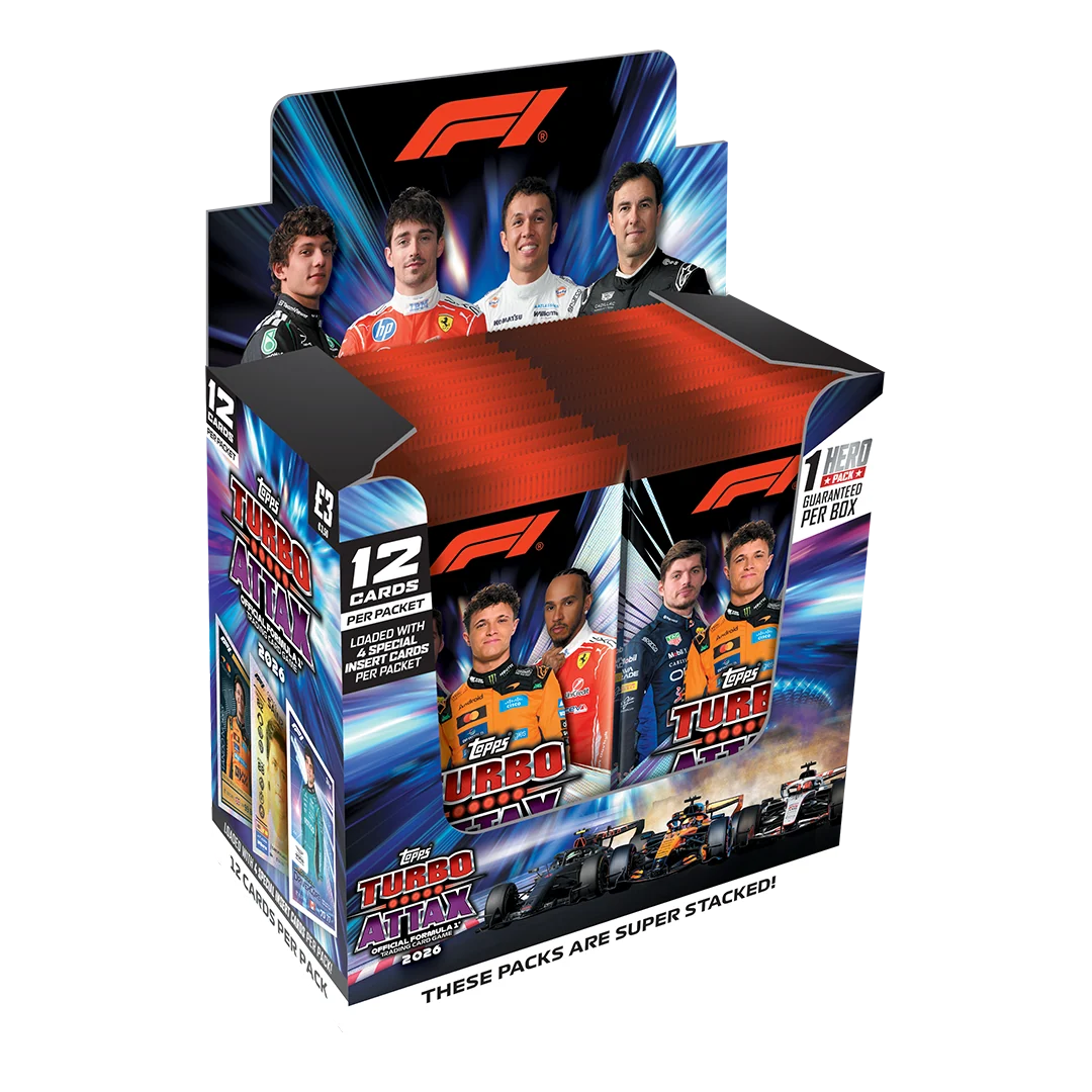 2026 Topps Formula 1 Turbo Attax Full Box – geöffnetes Display mit roten Booster Packs