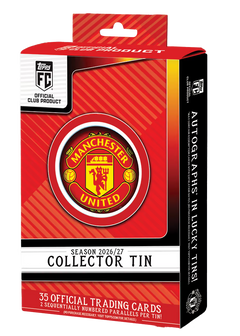 Topps Collector Tin Manchester United 2026/27 – rote Verpackung mit Vereinswappen