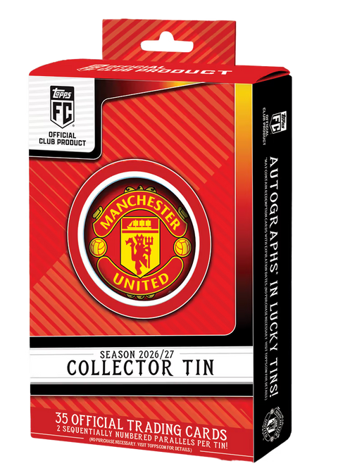 Topps Collector Tin Manchester United 2026/27 – rote Verpackung mit Vereinswappen