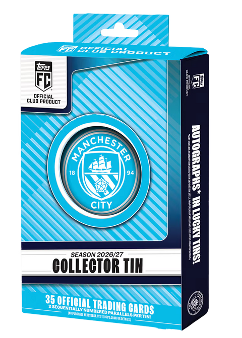 Topps Collector Tin Manchester City 2026/27 – himmelblaue Verpackung mit Vereinswappen