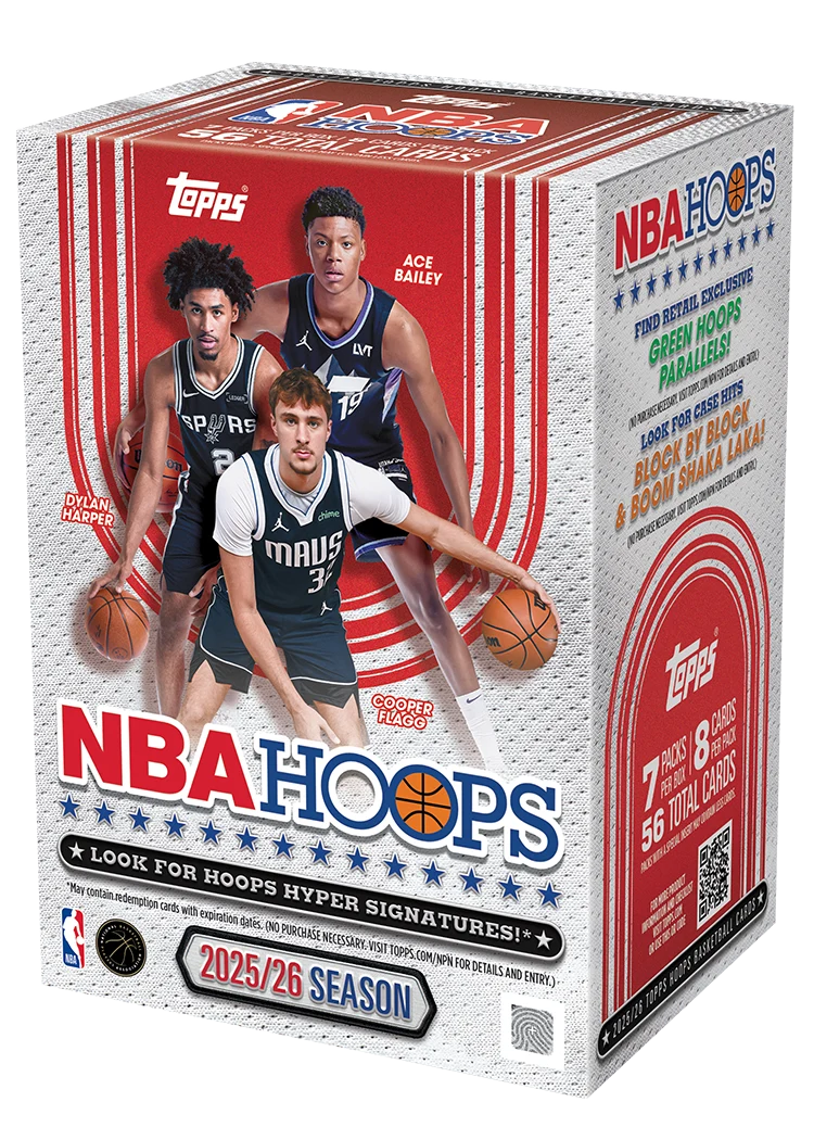 2025/26 Topps NBA Hoops Value Box – rot-weisse Verpackung mit drei Basketballspielern