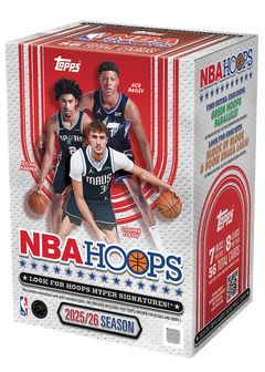 2025/26 Topps NBA Hoops Value Box – rot-weisse Verpackung mit drei Basketballspielern
