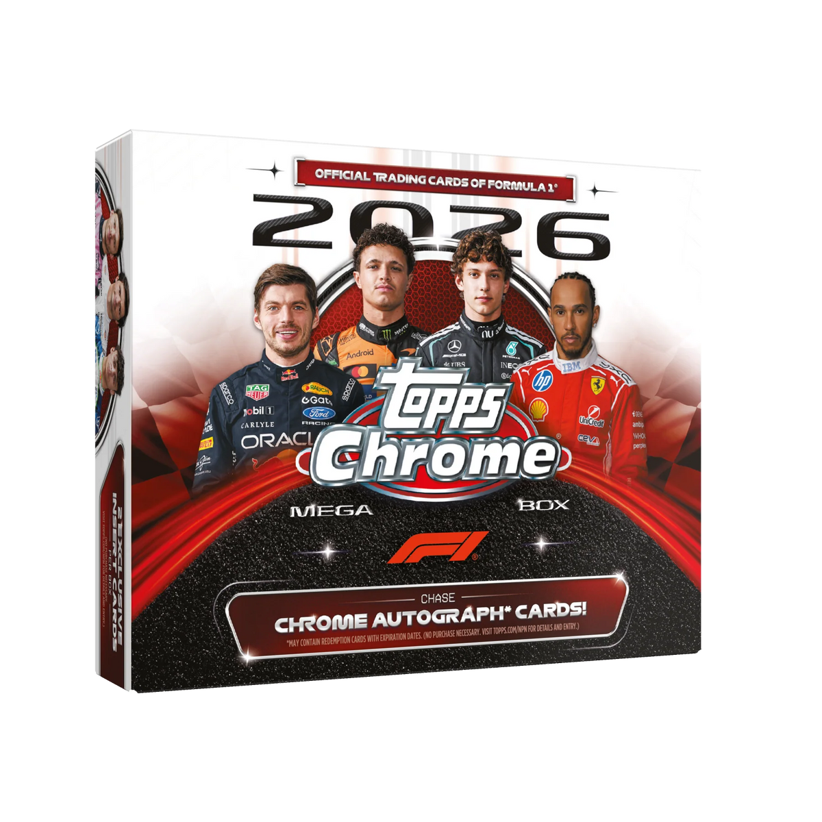 2026 Topps Chrome Formula 1 Mega Box – weisse Verpackung mit F1-Fahrern