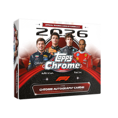 2026 Topps Chrome Formula 1 Mega Box – weisse Verpackung mit F1-Fahrern