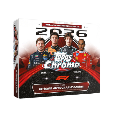 2026 Topps Chrome Formula 1 Mega Box – weisse Verpackung mit F1-Fahrern