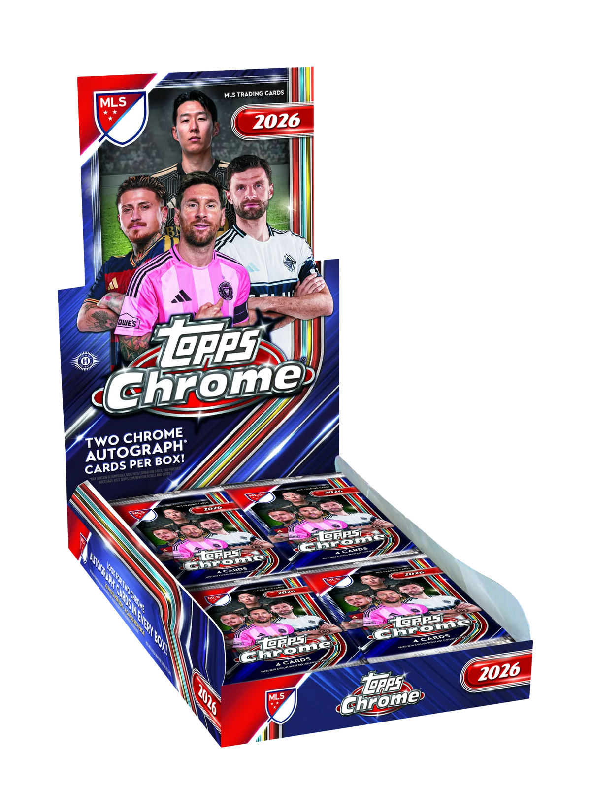 2026 Topps Chrome MLS Hobby Box – geöffnetes Display mit Packs