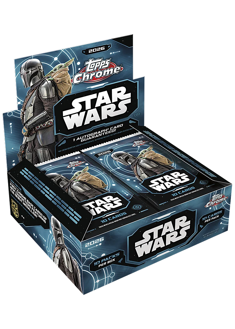 2026 Topps Chrome Star Wars Hobby Box – geöffnetes Display mit Packs