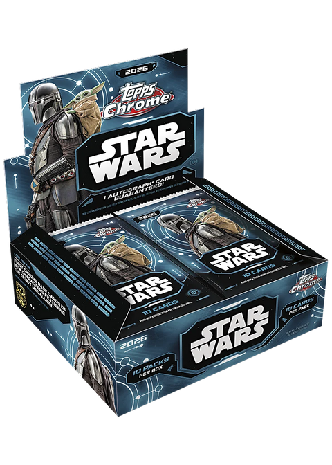 2026 Topps Chrome Star Wars Hobby Box – geöffnetes Display mit Packs