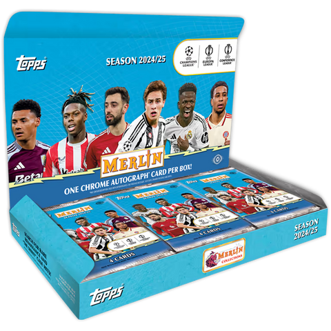 Topps Merlin UEFA Club Competitions 2024/25 Hobby Box – geöffnetes Display mit Booster Packs