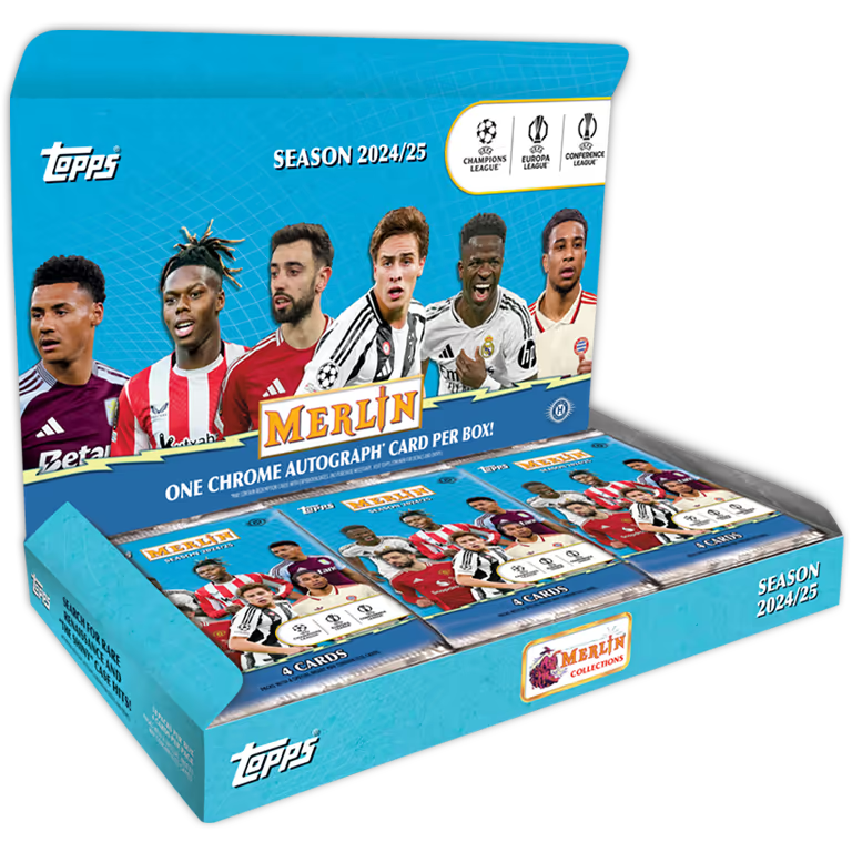 Topps Merlin UEFA Club Competitions 2024/25 Hobby Box – geöffnetes Display mit Booster Packs