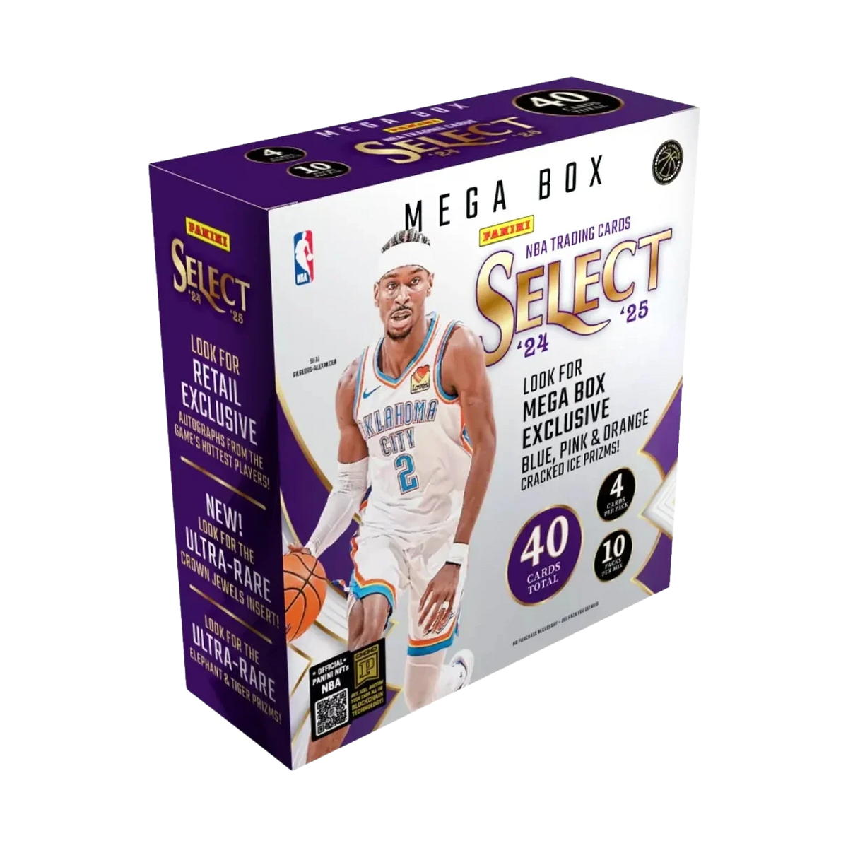 2024/25 Panini Select NBA Basketball Mega Box – weiss-violette Verpackung mit Basketballspieler im Oklahoma-City-Trikot
