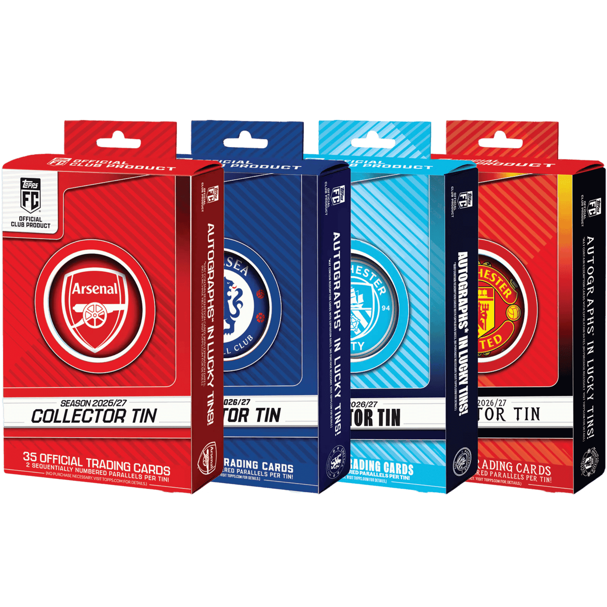 Topps Premier League Collector Tins 2026/27 – vier Tins mit Vereinswappen