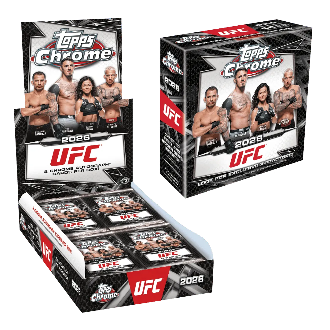 2026 Topps Chrome UFC Hobby & Mega Bundle – geöffnetes Hobby-Display und geschlossene Mega Box