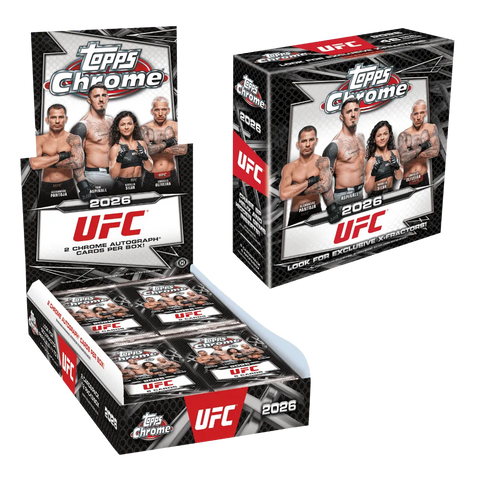 2026 Topps Chrome UFC Hobby & Mega Bundle – geöffnetes Hobby-Display und geschlossene Mega Box
