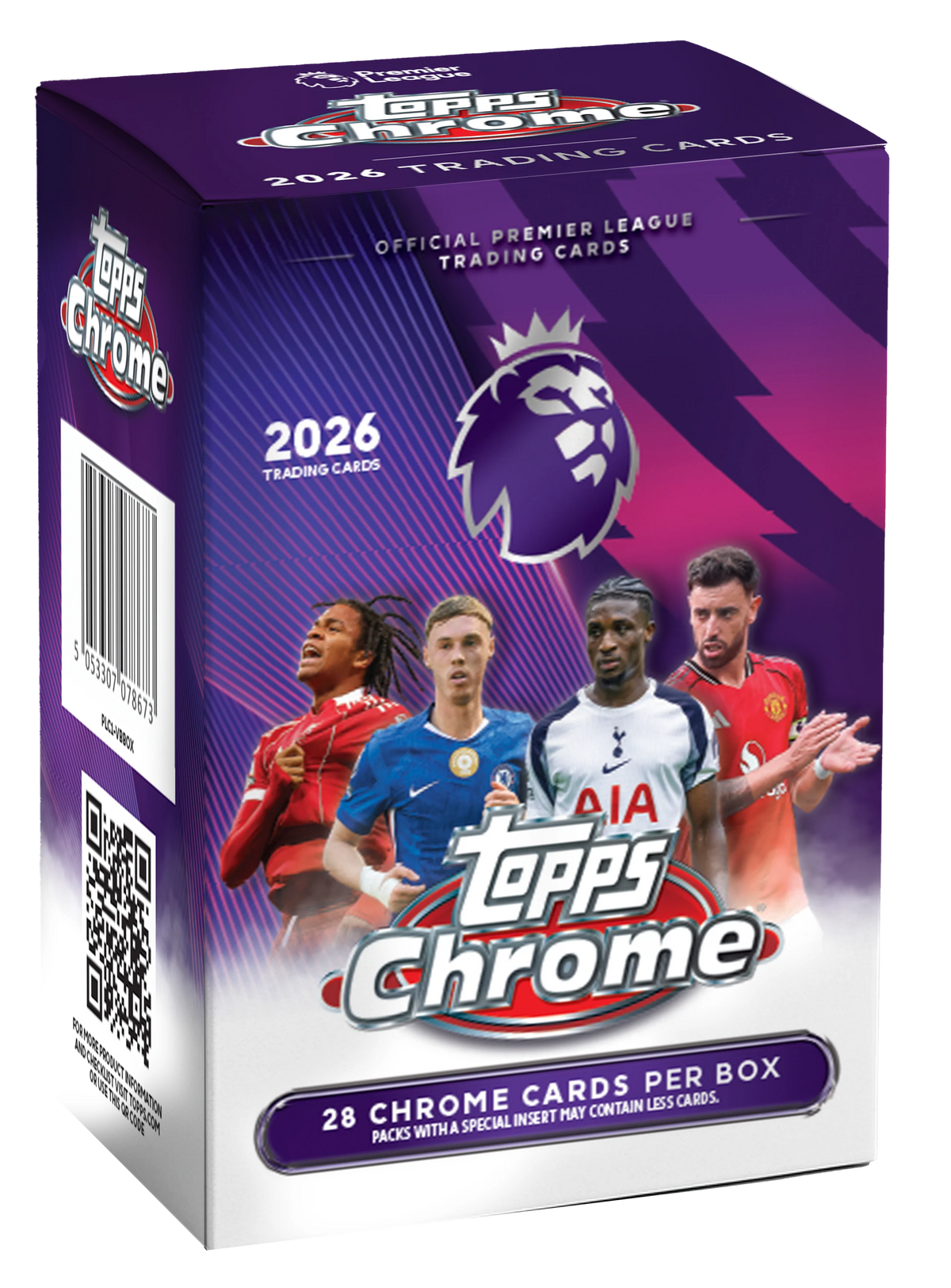 2026 Topps Chrome Premier League Value Box – violette Verpackung mit vier Fussballspielern und Premier-League-Logo