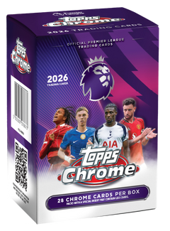 2026 Topps Chrome Premier League Value Box – violette Verpackung mit vier Fussballspielern und Premier-League-Logo