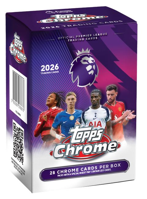 2026 Topps Chrome Premier League Value Box – violette Verpackung mit vier Fussballspielern und Premier-League-Logo