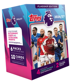Topps Flagship Premier League 2026/27 Value Box – pink-violette Verpackung mit Fussballspielern