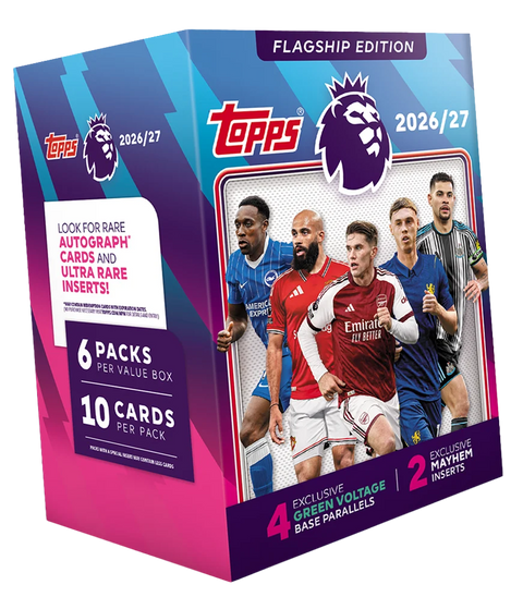 Topps Flagship Premier League 2026/27 Value Box – pink-violette Verpackung mit Fussballspielern
