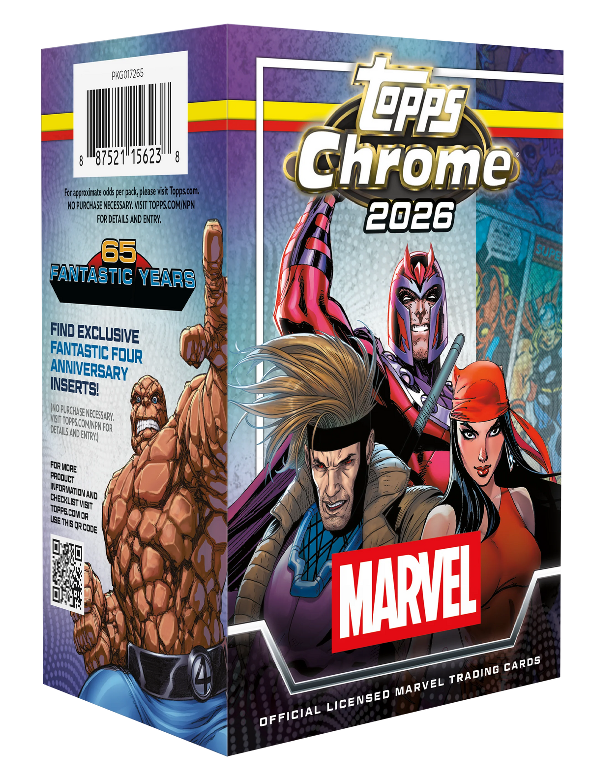 2026 Topps Chrome Marvel Comics Value Box – Verpackung mit Comicfiguren und Fantastic-Four-Jubiläumsaufdruck