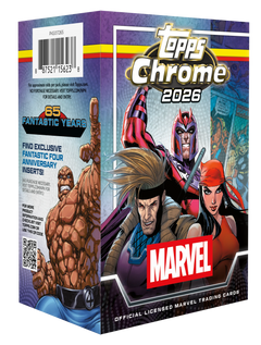 2026 Topps Chrome Marvel Comics Value Box – Verpackung mit Comicfiguren und Fantastic-Four-Jubiläumsaufdruck