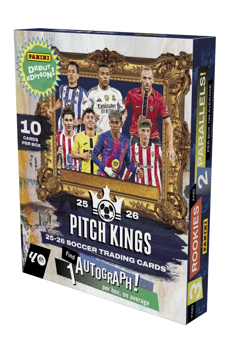 Panini Pitch Kings LaLiga 2025/26 Hobby International Box – Verpackung mit Fussballspielern im goldenen Rahmen
