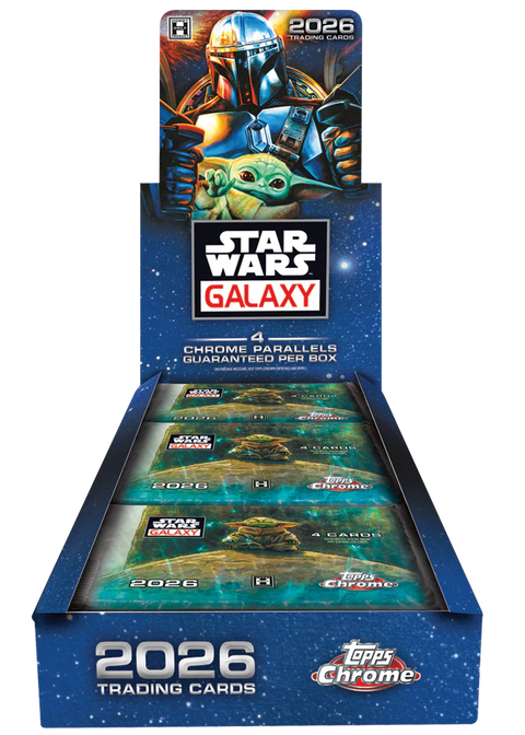 2026 Topps Star Wars Chrome Galaxy Hobby Box – geöffnetes Display mit Booster Packs