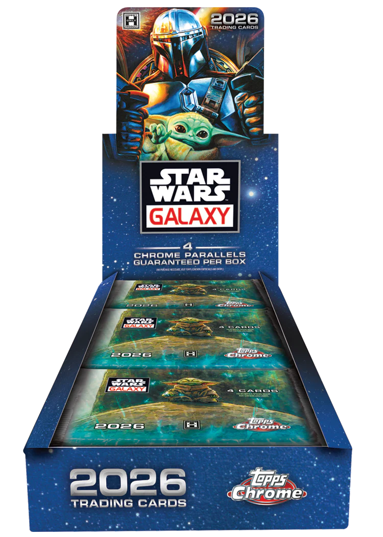 2026 Topps Star Wars Chrome Galaxy Hobby Box – geöffnetes Display mit Booster Packs