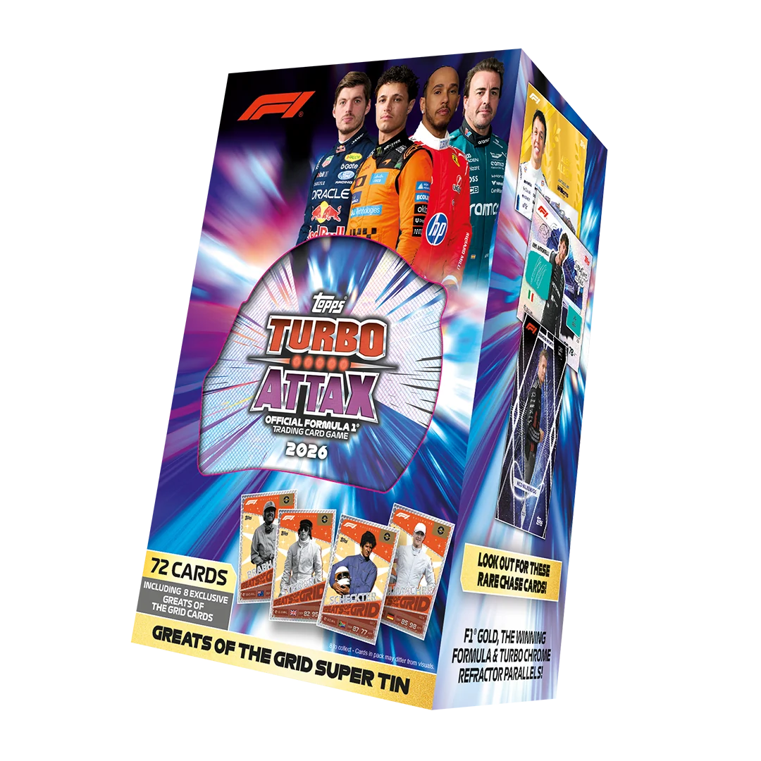 2026 Topps Turbo Attax Formula 1 Super Tin – Verpackung mit F1-Fahrern und abgebildeten Karten
