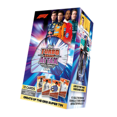 2026 Topps Turbo Attax Formula 1 Super Tin – Verpackung mit F1-Fahrern und abgebildeten Karten