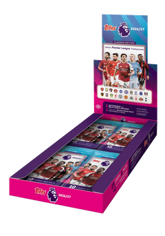 Topps Flagship Premier League 2026/27 Hobby Box – geöffnetes pink-violettes Display mit Packs