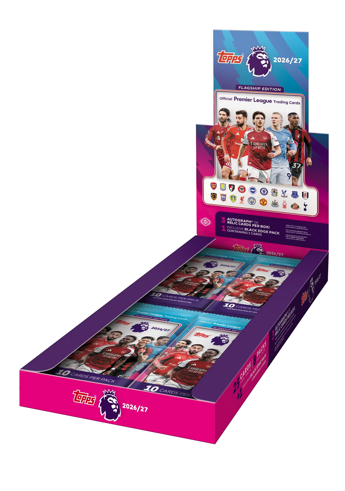 Topps Flagship Premier League 2026/27 Hobby Box – geöffnetes pink-violettes Display mit Packs