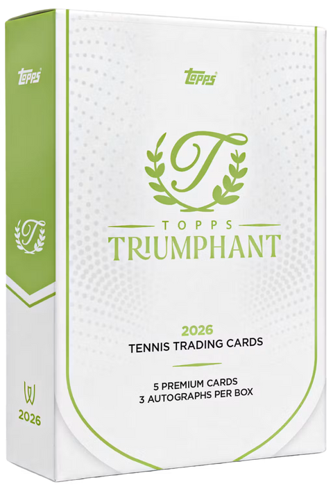 2026 Topps Triumphant Tennis Hobby Box – weiss-grüne Verpackung mit Triumphant-Schriftzug und Lorbeerkranz