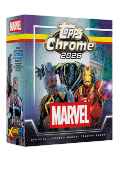 2026 Topps Chrome Marvel Comics Mega Box – Verpackung mit Comicfiguren und X-Force-Jubiläumsaufdruck