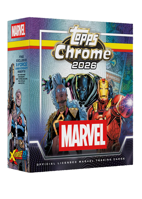2026 Topps Chrome Marvel Comics Mega Box – Verpackung mit Comicfiguren und X-Force-Jubiläumsaufdruck