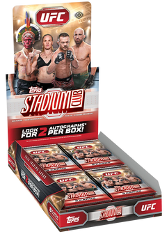 2026 Topps Stadium Club UFC Hobby Box – geöffnetes rot-goldenes Display mit Booster Packs