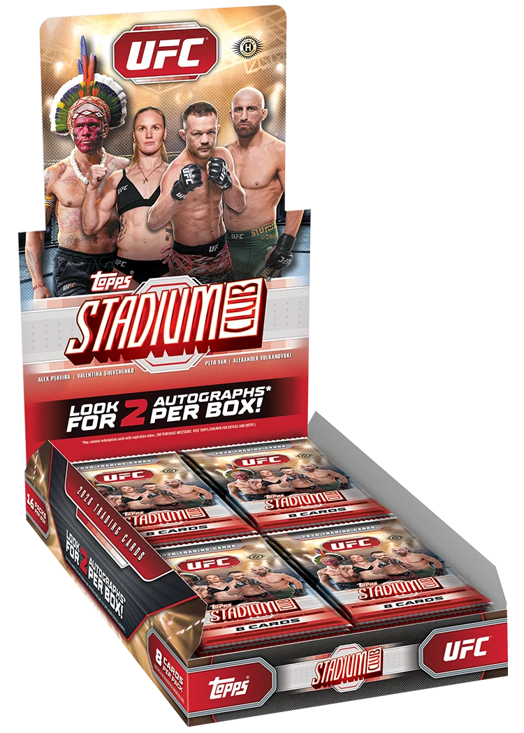 2026 Topps Stadium Club UFC Hobby Box – geöffnetes rot-goldenes Display mit Booster Packs