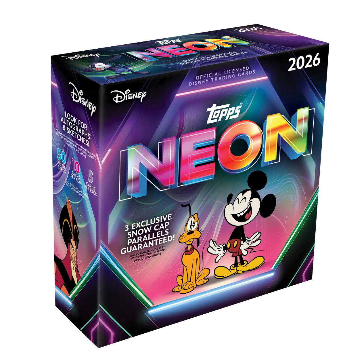 2026 Topps Disney Neon Mega Box – Verpackung mit farbiger Neon-Gestaltung und Disney-Figuren