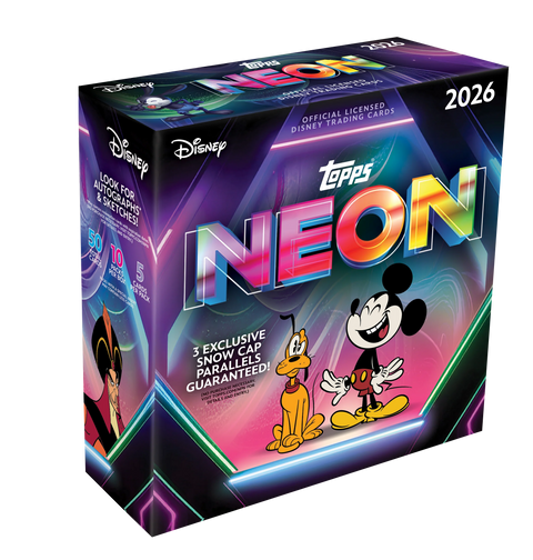 2026 Topps Disney Neon Mega Box – Verpackung mit farbiger Neon-Gestaltung und Disney-Figuren