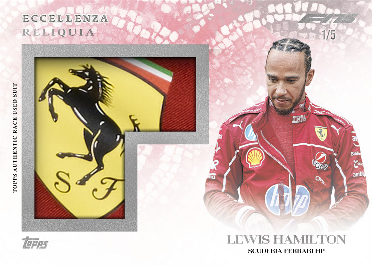 Beispielkarte: Lewis Hamilton Reliquia mit Ferrari-Logo-Patch, nummeriert 1/5, aus Topps F1 Eccellenza 2025