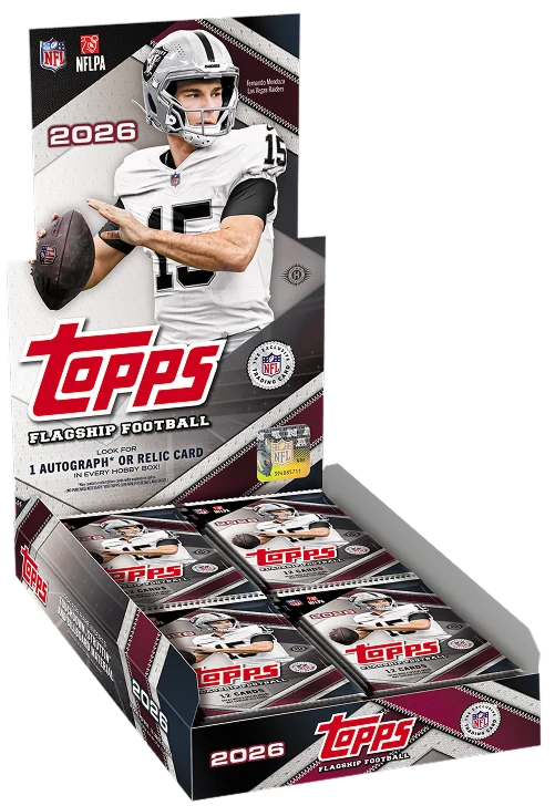 2026 Topps Flagship Football Hobby Box – geöffnetes Display mit hohem Deckel, Footballspieler und Packs