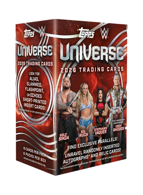 2026 Topps Universe WWE Value Box – rote Verpackung mit WWE-Wrestlern