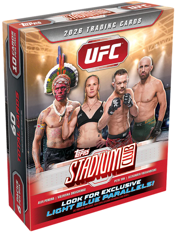 Topps Stadium Club UFC Mega Box – rot-goldene Verpackung mit vier UFC-Kämpfern und Light-Blue-Parallels-Aufdruck