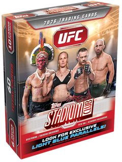 Topps Stadium Club UFC Mega Box – rot-goldene Verpackung mit vier UFC-Kämpfern und Light-Blue-Parallels-Aufdruck