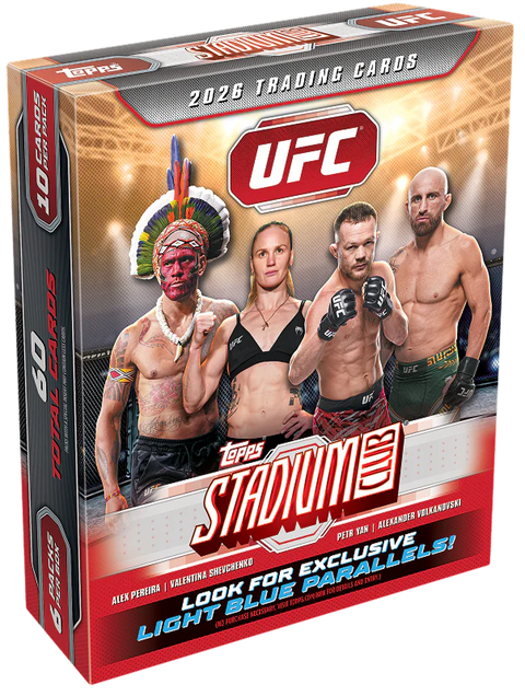 Topps Stadium Club UFC Mega Box – rot-goldene Verpackung mit vier UFC-Kämpfern und Light-Blue-Parallels-Aufdruck
